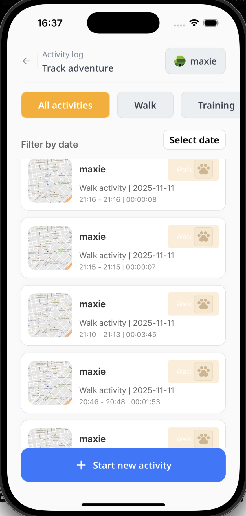 Petezy activity log list with map previews and filters